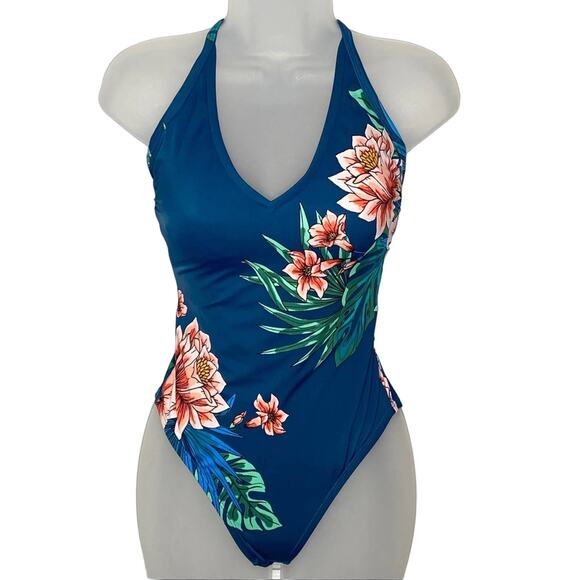 NWOT Kona Sol teal tropical floral cross back one piece swimsuit size small - Picture 3 of 6